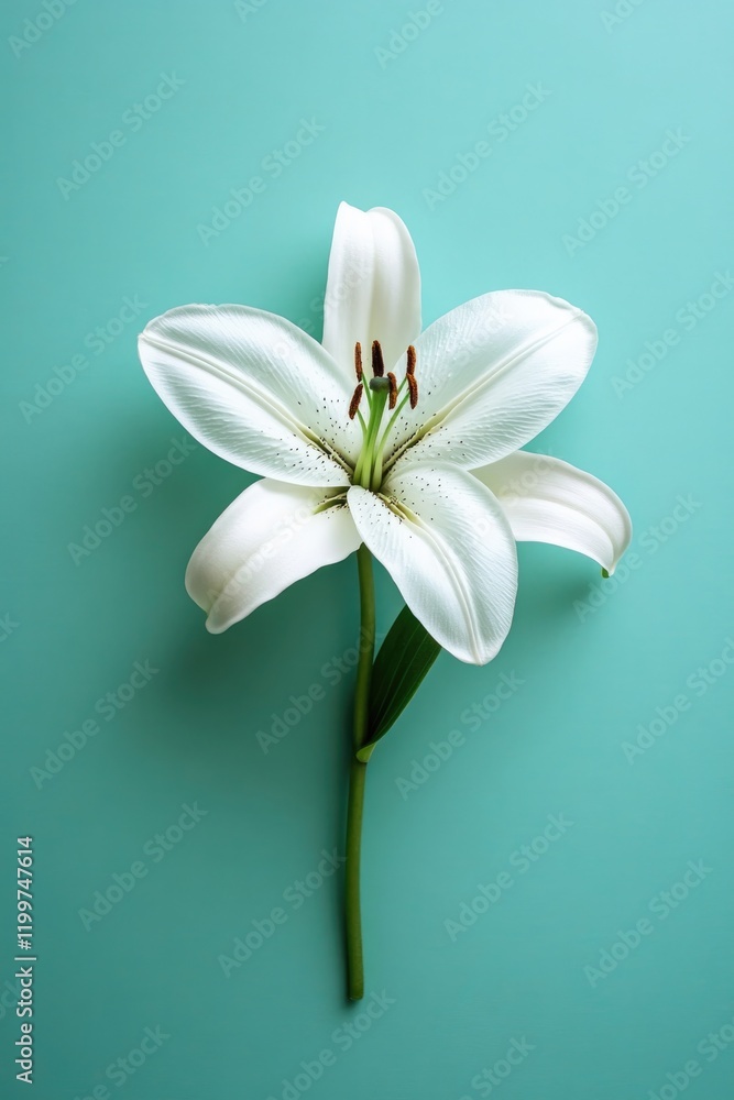 Fototapeta premium single white lily laying on turquoise background with soft ambient lighting