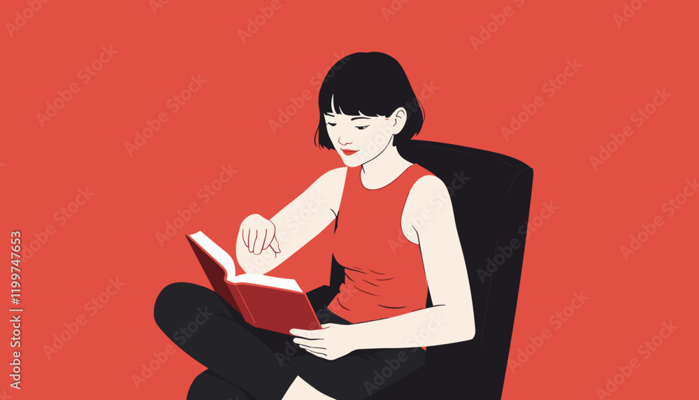 Young woman reading a book with a relaxed expression in a cozy modern chair against a red background Young woman reading a book with a relaxed expression in a cozy modern chair against a red background