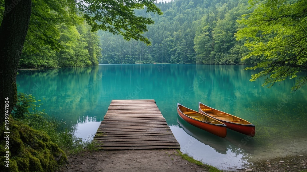 Obraz premium Secluded lake with a wooden dock and a canoe - generated AI