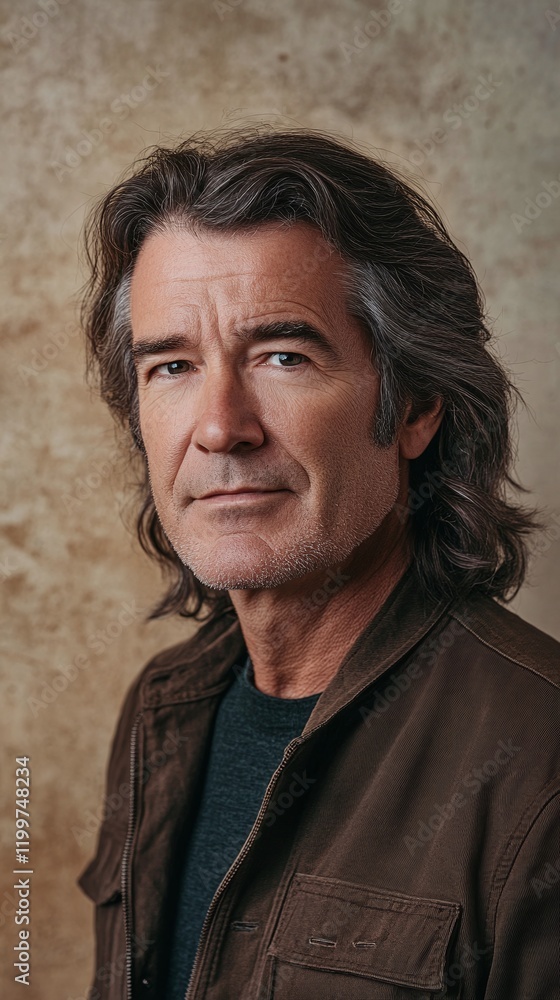 Middle-aged man with long hair soft expression wearing a casual jacket light neutral background Middle-aged man with long hair soft expression wearing a casual jacket light neutral background