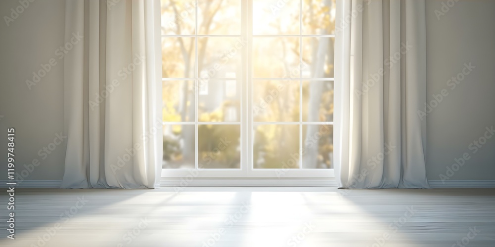 Fototapeta premium A bright, airy interior space with a large window, soft curtains, and sunlight streaming in. Concept Bright Interior Design, Natural Light, Airy Spaces, Window Aesthetics, Soft Curtains