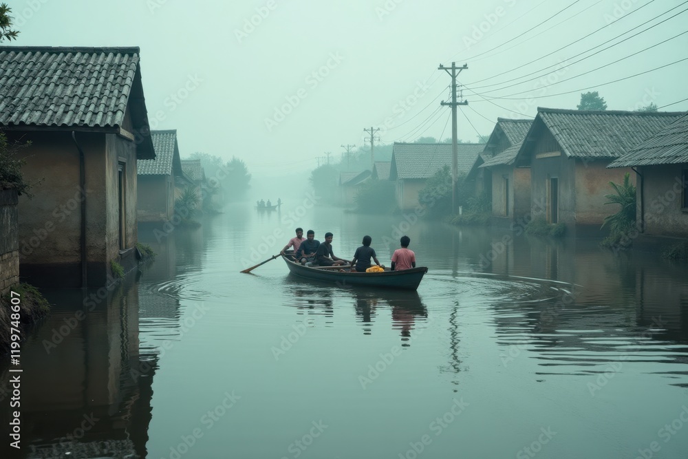 Obraz premium A serene village is submerged in water, with only the tops of houses visible. A small group of villagers is seen rowing a boat towards safety in the distance