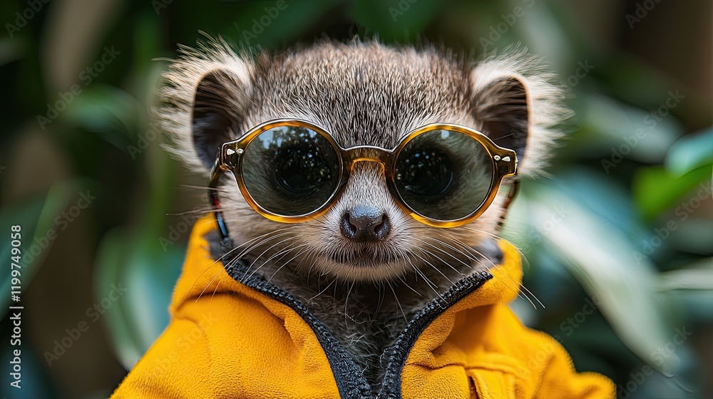 Fototapeta premium Stylish raccoon wearing sunglasses and a bright jacket in a lush green environment