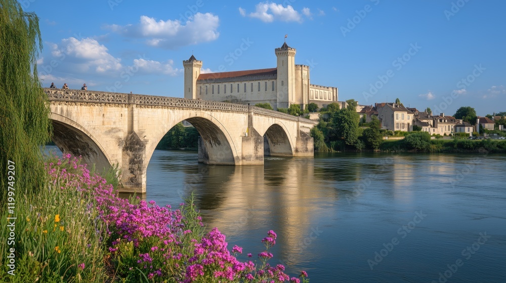 Fototapeta premium Stone bridge over a river with flowers along the edge - generated AI
