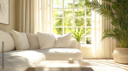 Sunlit living room with plants and a cozy couch - generated AI