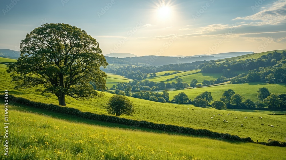 Obraz premium Sunny countryside with rolling hills and grazing sheep - generated AI