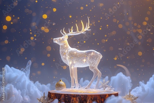 Holy light, crystal white deer, very detailed 3d animation,super clear, transparent, focusing light, optics, realism, Wood slice Christmas bell ornamentsred podium, pale violet background  photo