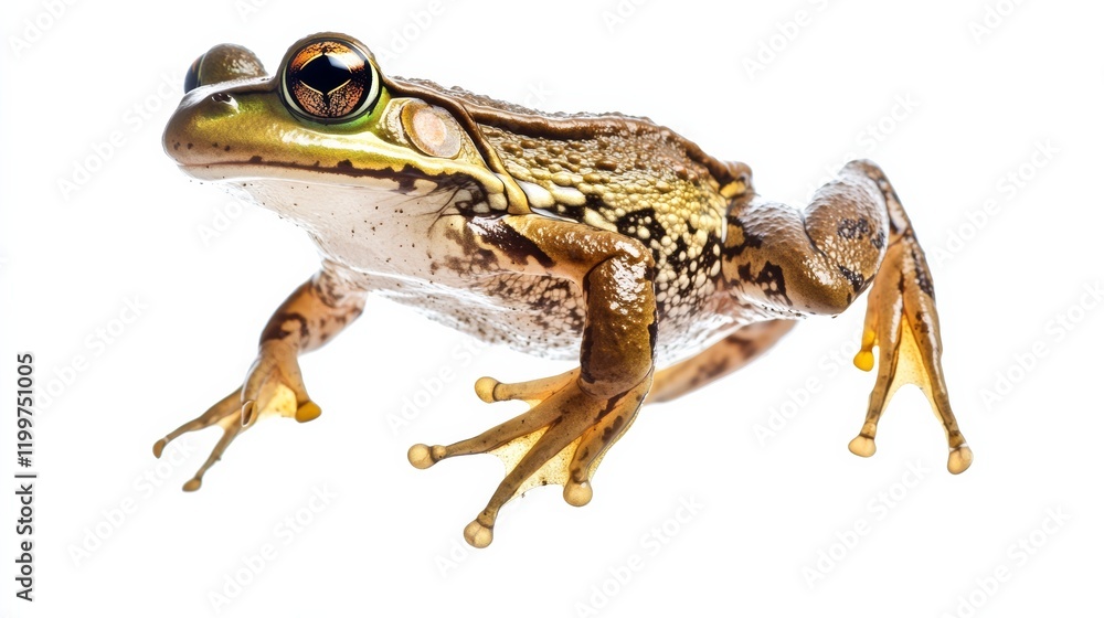 Fototapeta premium A frog leaping forward, its legs fully extended, isolated on a seamless white background,