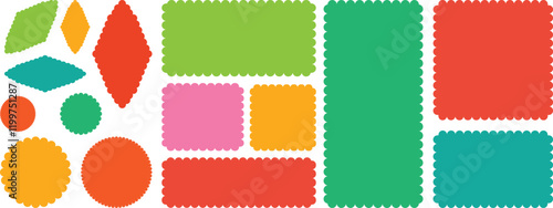 Color rectangle frames with wiggly borders. Geometric shapes with scallop and zigzag edges set. Rectangle shape frame with zigzag edge. Silhouette stickers circle, square, oval and rectangle labels.