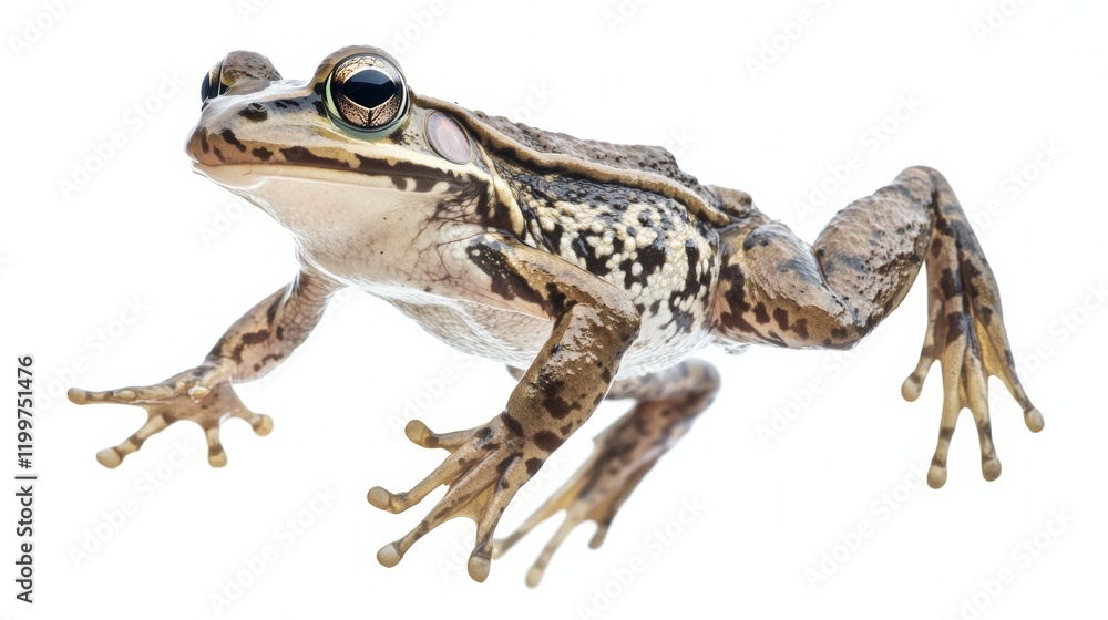 Obraz premium A frog leaping forward, its legs fully extended, isolated on a seamless white background,