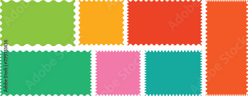 Rectangle shape frame with zigzag edge. Color rectangle frames with wiggly borders. Geometric shapes with scallop and zigzag edges set. Silhouette stickers circle, square, oval and rectangle labels.