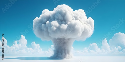 A large mushroom cloud rising into a clear blue sky, surrounded by smaller clouds. Concept Nuclear Explosion Simulation, Atmospheric Effects, Cloud Dynamics, Visual Impact, Environmental Consequences