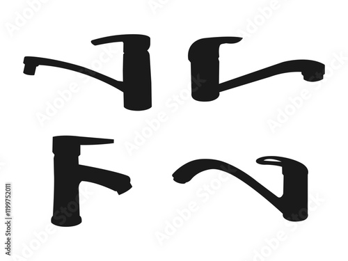 vector water taps black symbols. Water tap collection. The bathroom faucet symbol is flat. Vector Illustration. Vector Graphic. The faucet icon is isolated on a white background.