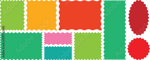 Color rectangle frames with wiggly borders. Geometric shapes with scallop and zigzag edges set. Silhouette stickers circle, square, oval and rectangle labels. Zig zag Wavy Edge Rectangle Shapes Set