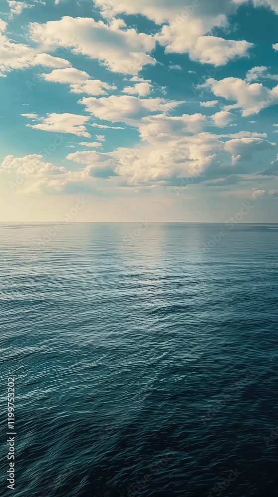 Obraz premium View of a calm sea from the deck of a ship in the middle of the ocean. Convey the serenity of the open sea with a peaceful atmosphere, capturing the expansiveness of the calm waters under a vast sky, 