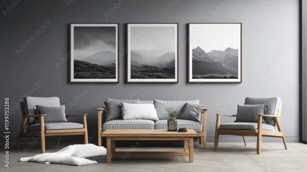 Living room with sofa, two armchairs, and three framed landscape photos on gray wall Living room with sofa, two armchairs, and three framed landscape photos on gray wall