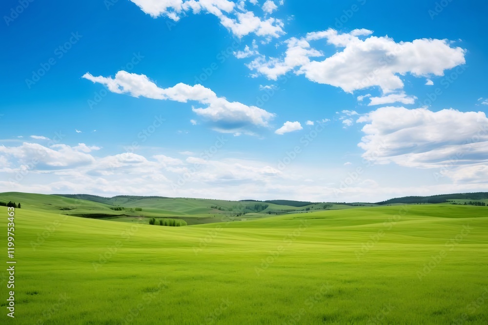 Sunny green field, rolling hills, blue sky. Perfect for travel brochures. Sunny green field, rolling hills, blue sky. Perfect for travel brochures.