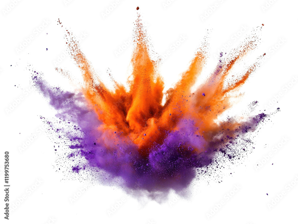 Colorful powder explosion on a black background creating an abstract and dynamic visual effect isolated on a white background. Colorful powder explosion on a black background creating an abstract and dynamic visual effect isolated on a white background.