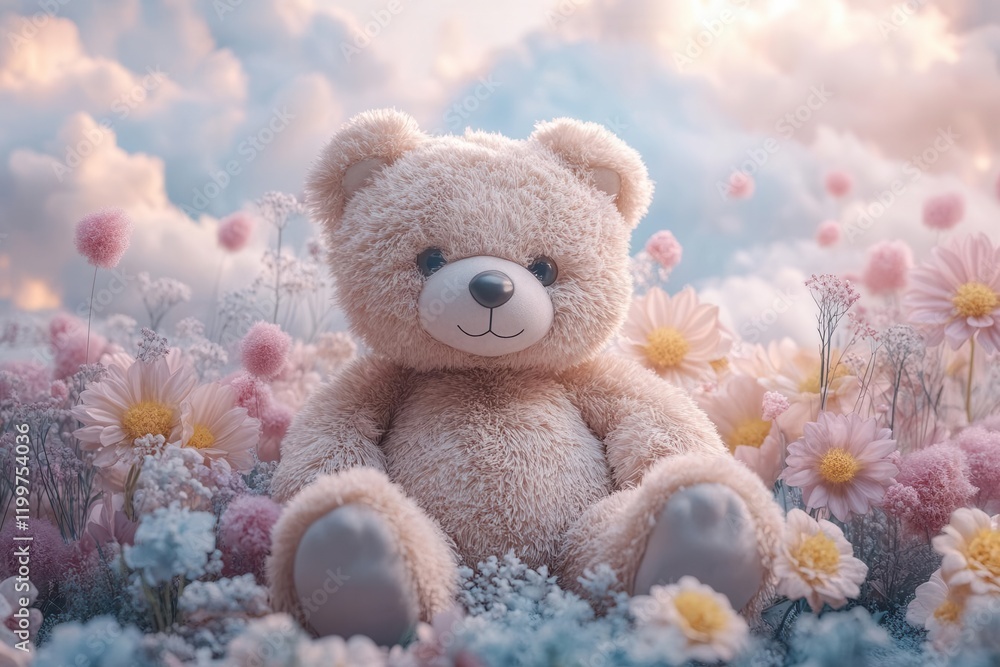whimsical nursery scene with watercolor teddy bear surrounded by pastel wildflowers, dreamy cotton candy clouds floating in background whimsical nursery scene with watercolor teddy bear surrounded by pastel wildflowers, dreamy cotton candy clouds floating in background