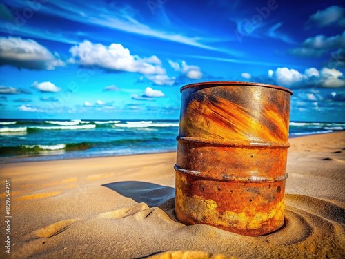 Rusty Oil Barrel Beach Scene - Stunning Coastal Art photo