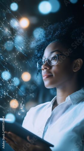 Scientist holding tablet and analyzing holographic projection of plexus network, representing connection and data analysis in science and technology