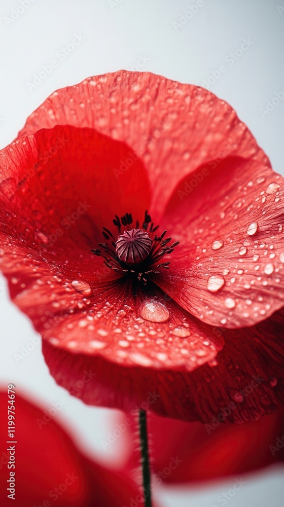 Close-up of a red poppy with water droplets on petals against a light background Close-up of a red poppy with water droplets on petals against a light background