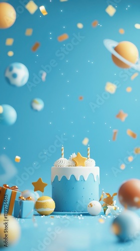 Galaxy-themed birthday party with starry planet-shaped cake home celebration festive atmosphere whimsical viewpoint fun concept photo