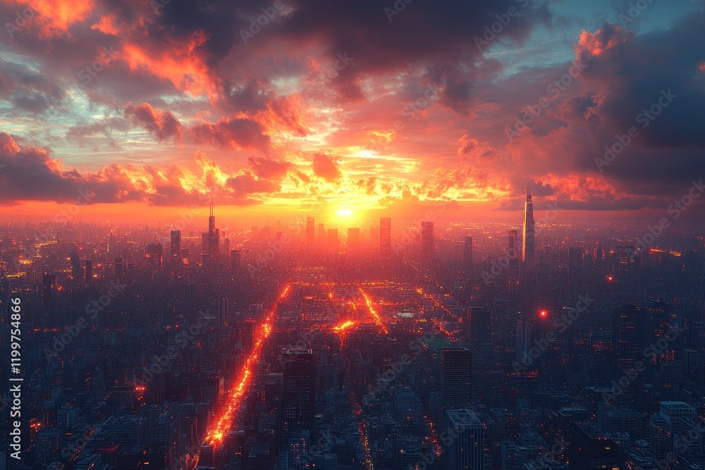 Fiery sunset over illuminated futuristic city. Fiery sunset over illuminated futuristic city.