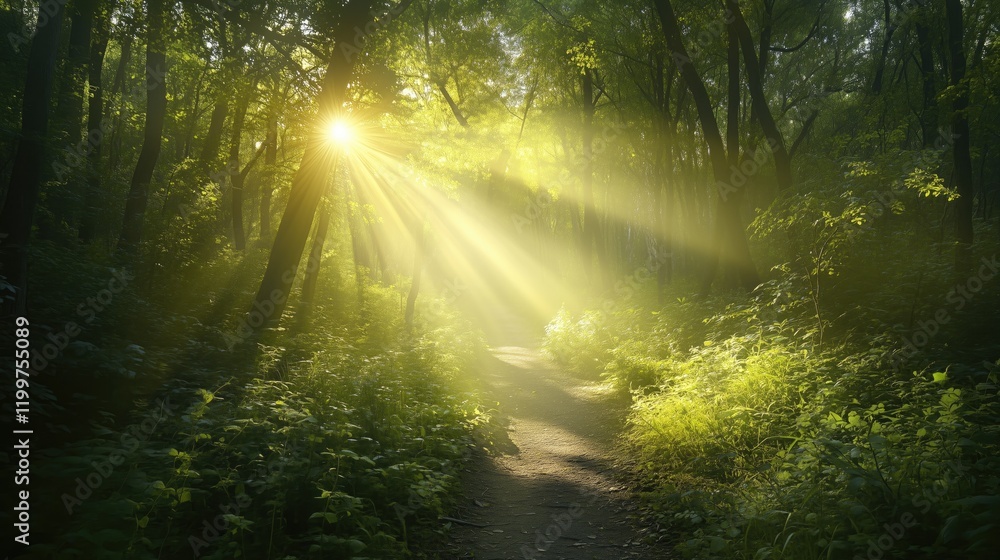 Obraz premium Wide path through a dense forest with sunlight shining through - generated AI