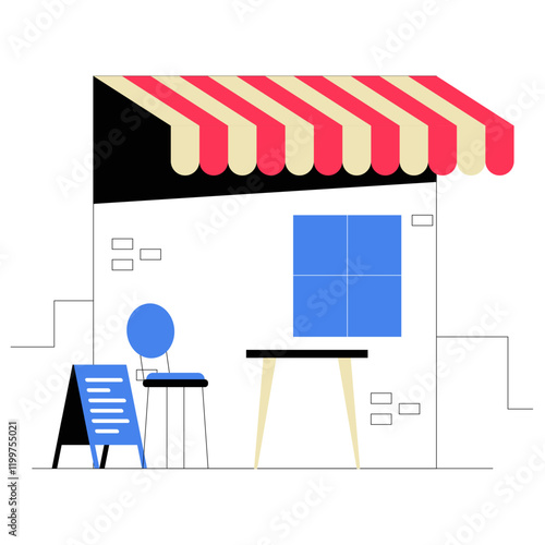 Small Cafe With Outdoor Seating And Chalkboard Menu In Flat Vector Illustration Symbolizing Relaxation, Social Gathering, And Urban Lifestyle, Isolated On White Background.