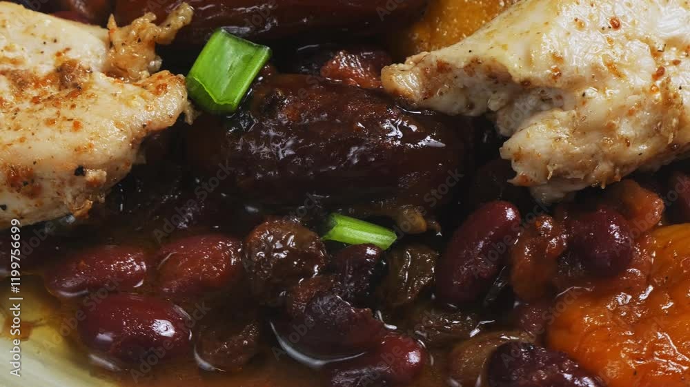 Red beans stewed with apricot and dogwood and meat in spices rotate in a circle. Close-up. Red beans stewed with apricot and dogwood and meat in spices rotate in a circle. Close-up.