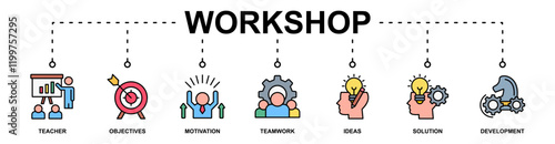 workshop banner web icon vector illustration concept for teacher, objectives, motivation, teamwork, ideas, solution, development
