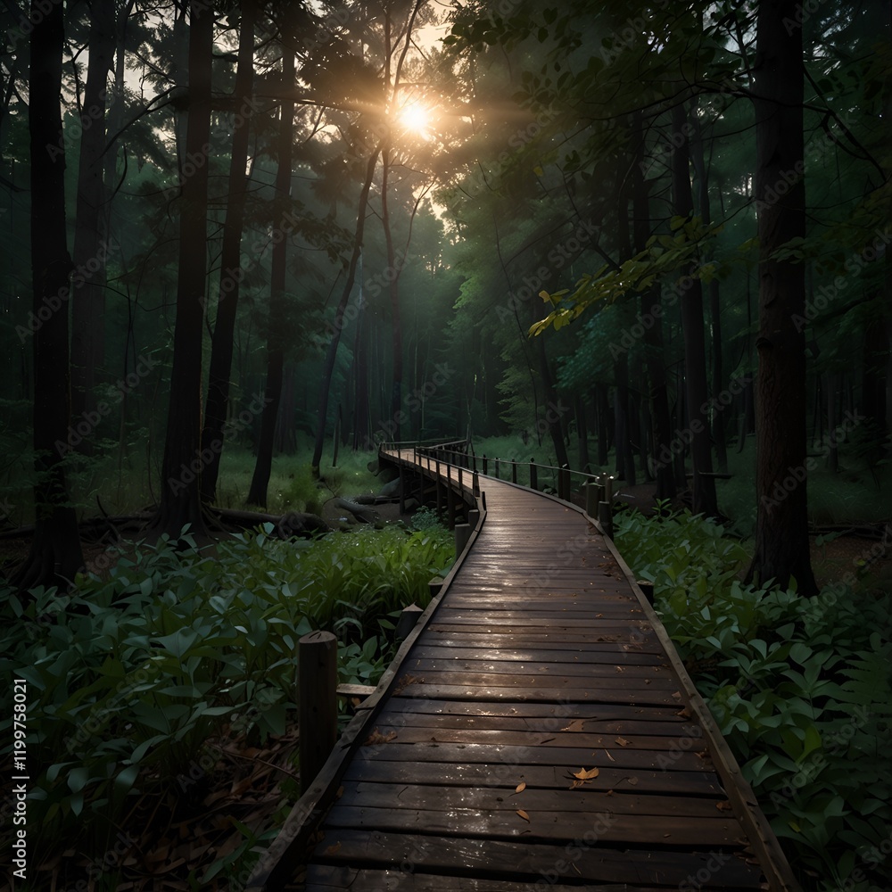 Obraz premium Pathway with trees on both sides in night