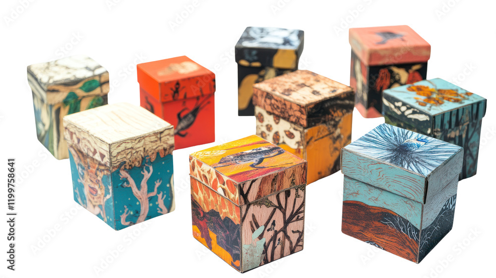 Obraz premium A creative display of colorful decorative boxes with intricate designs, set against a white background. Perfect for arts and crafts inspiration.