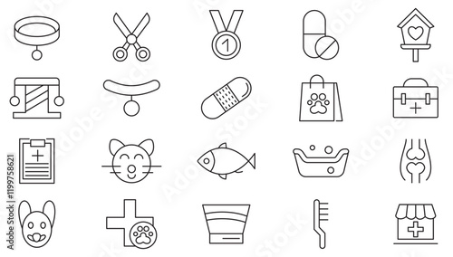 Animal Veterinery line icon set. Pet services, pet, care, veterinary, vet, healthcare, dogfood, rabbit, parrot, fish, food, water, collar, toy, bath line icon set. UI thin line icon pack.