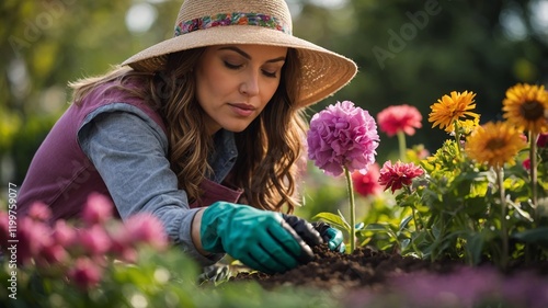 A peaceful portrait of a gardener planting colorful flowers in a garden, wearing gloves and a sunhat, vibrant blossoms around photo