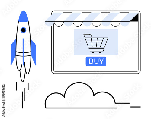 Rocket launching beside storefront with shopping cart and Buy button. Cloud below. Ideal for ecommerce, business growth, startups, marketing, online shopping, innovation digital sales. Minimalist