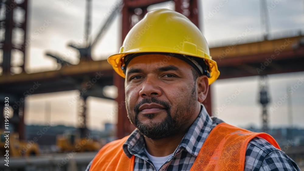 A powerful portrait of a construction worker on a bridge site, wearing a hard hat and reflective vest, steel beams and cranes in the background A powerful portrait of a construction worker on a bridge site, wearing a hard hat and reflective vest, steel beams and cranes in the background