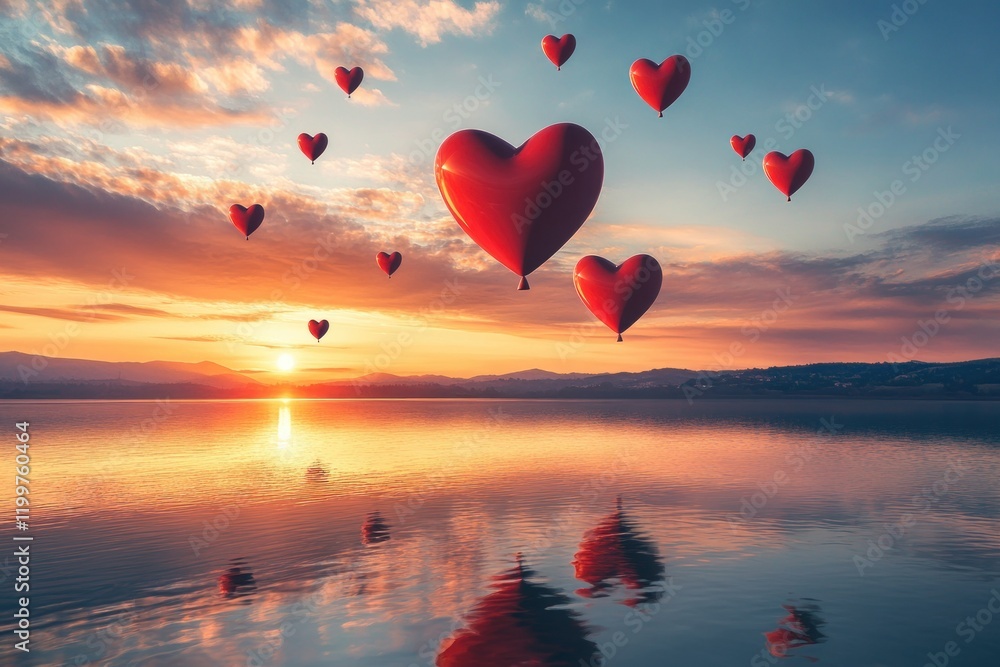 Fototapeta premium Romantic Sunset with Floating Heart Balloons