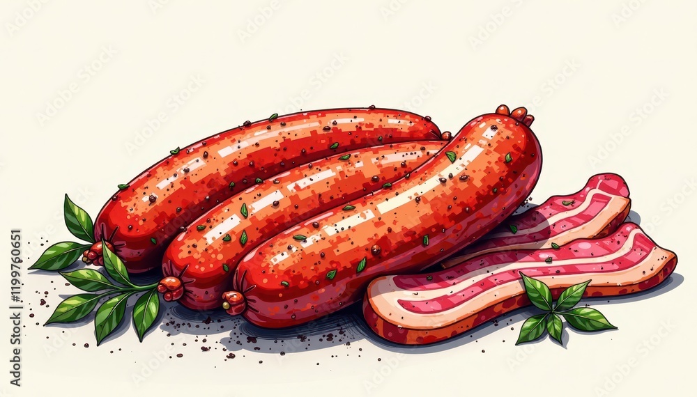 Continuous line sketch of various sausages & bacon, art, pork Continuous line sketch of various sausages & bacon, art, pork