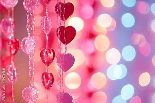 Abstract pink background with hearts and stars for Valentine's Day. Vector illustration of a love pattern design, pastel-colored wallpaper with a bokeh effect. Background with copy space for. 