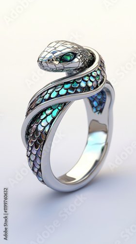 stunning silver snake ring featuring holographic scales and intricate design