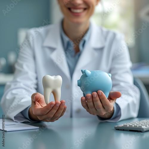 Portrait of a male dentist doctor sitting at the desk in dentistry clinic and holding piggy bank and healthy white tooth in hands. The concept of money saving for expensive dental treatment