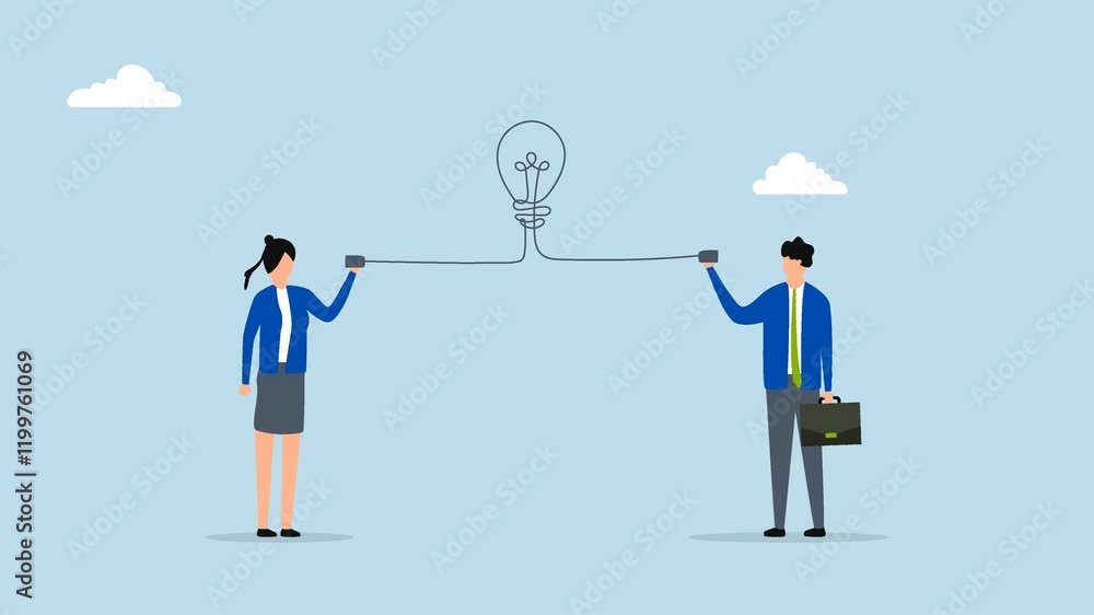 Communicate idea, 4k animation of Clever entrepreneur communicates with coworker via telephone featuring a lightbulb icon. Communicate idea, 4k animation of Clever entrepreneur communicates with coworker via telephone featuring a lightbulb icon.