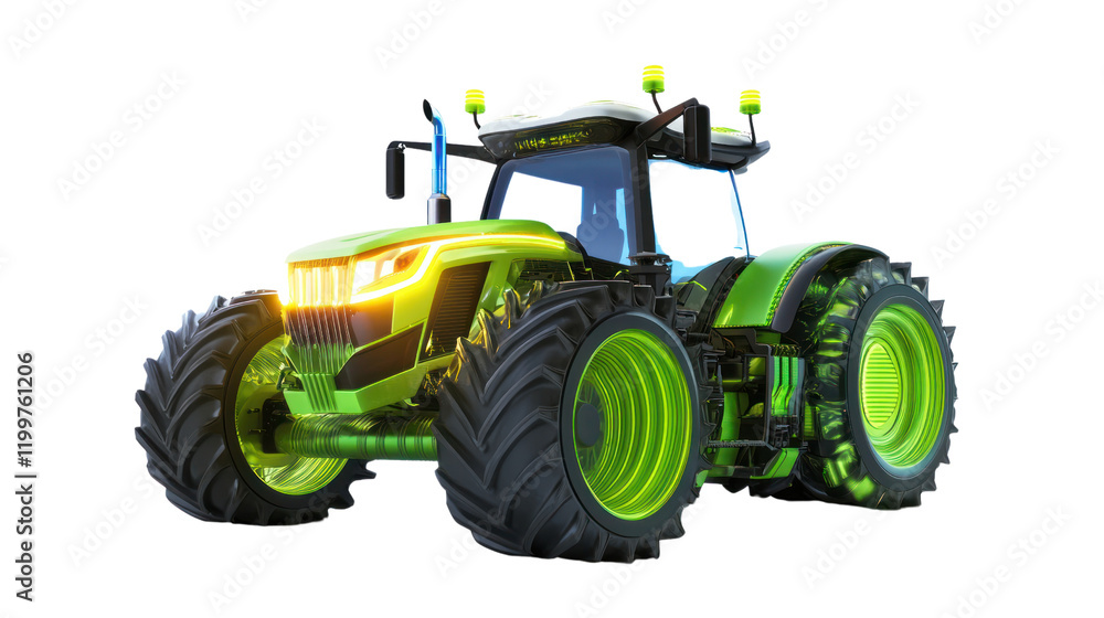 Obraz premium A modern, vibrant tractor with bright green accents and advanced features, suitable for agricultural tasks, isolated on a white background.