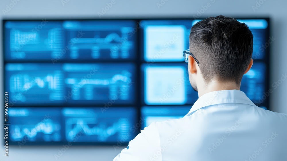 Man in white shirt observing television screen in room Man in white shirt observing television screen in room