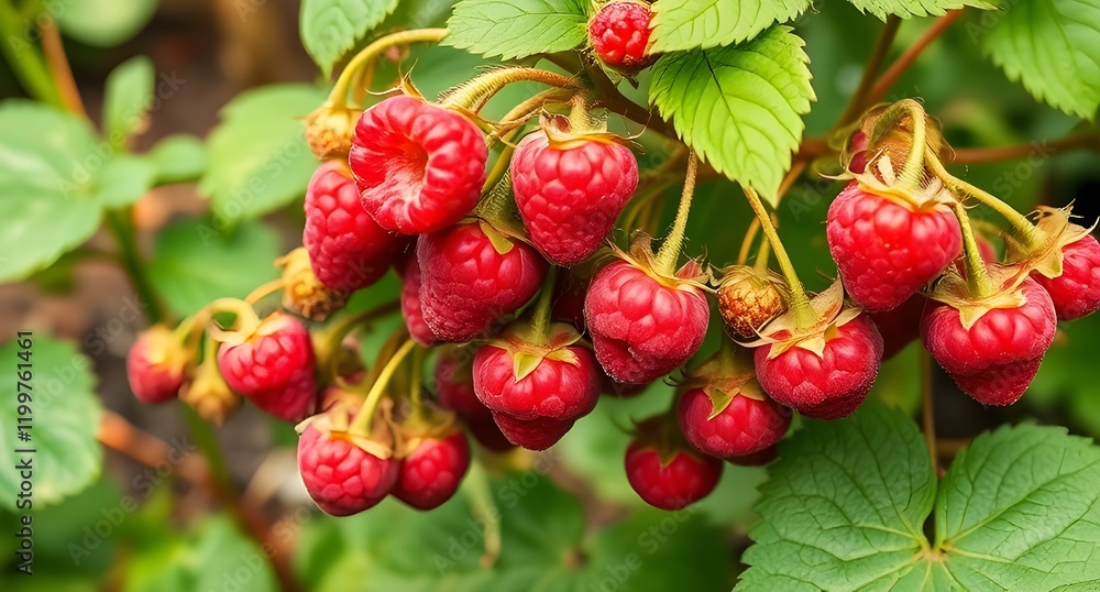 Fototapeta premium Fresh raspberries growing in the garden.