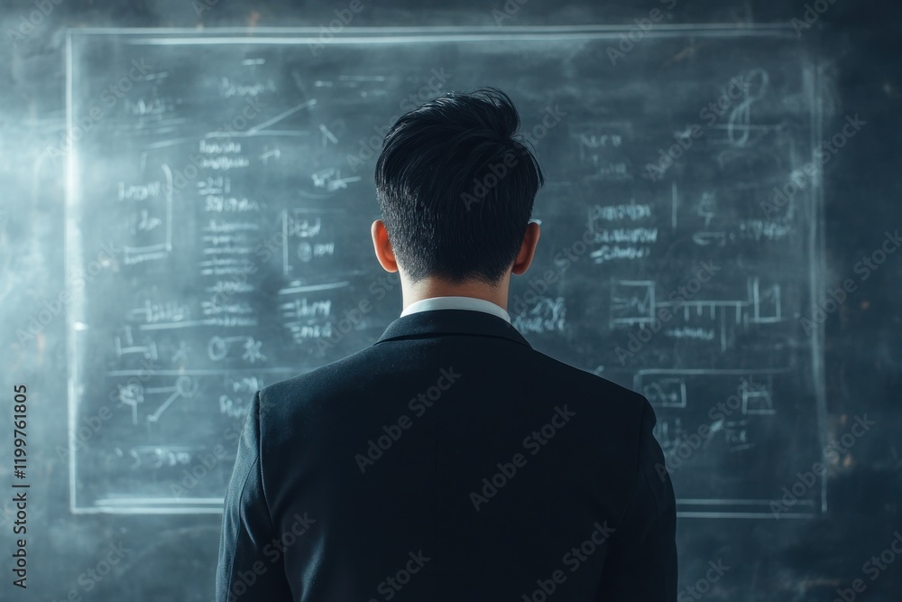 Businessman Analyzing Data on Chalkboard Businessman Analyzing Data on Chalkboard
