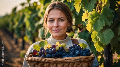 A rustic portrait of a vineyard worker harvesting ripe grapes, lush green vines, wicker basket full of fruit photo