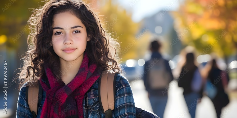 Obraz premium A young person with curly hair and a plaid shirt stands outdoors, smiling, while others walk in the background amid autumn trees. Concept Autumn Portrait, Young Individual, Curly Hair, Plaid Shirt